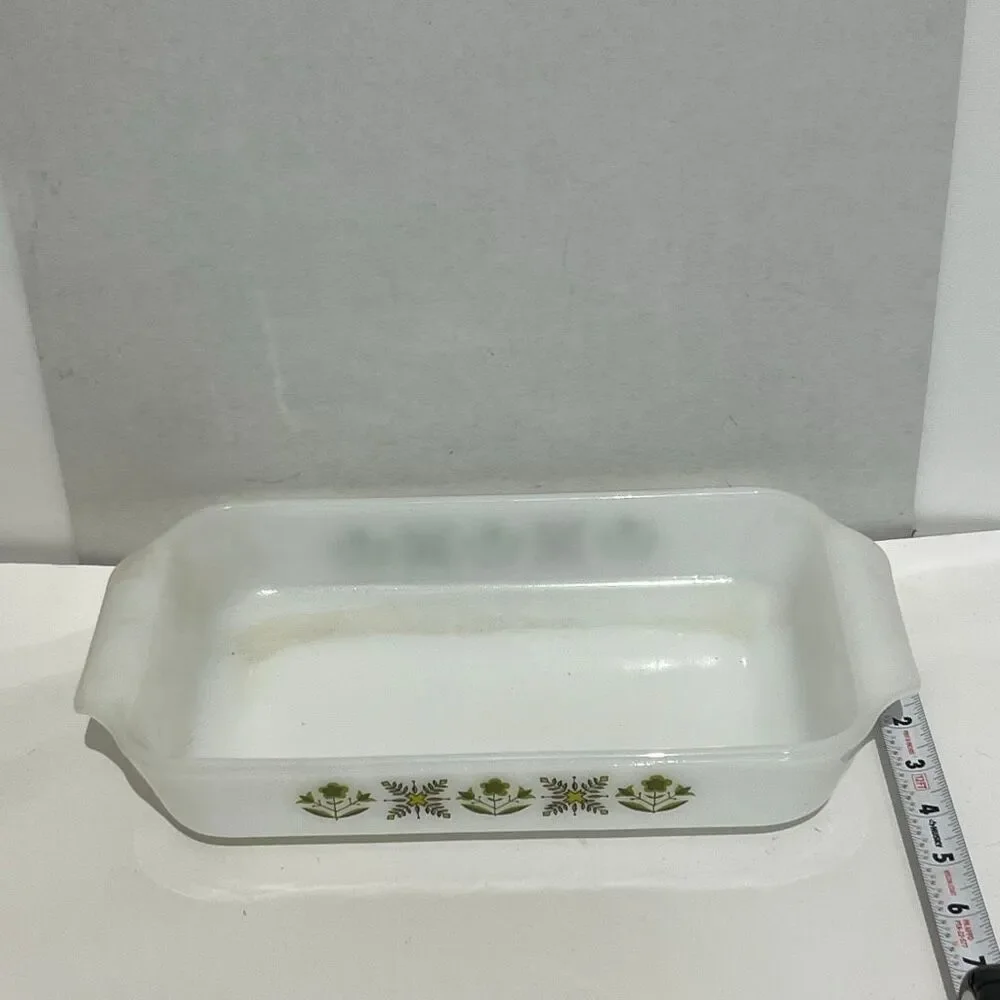 Fire King‎ White Anchor Hocking Meadow Green Flower Glass Loaf Dish Pan